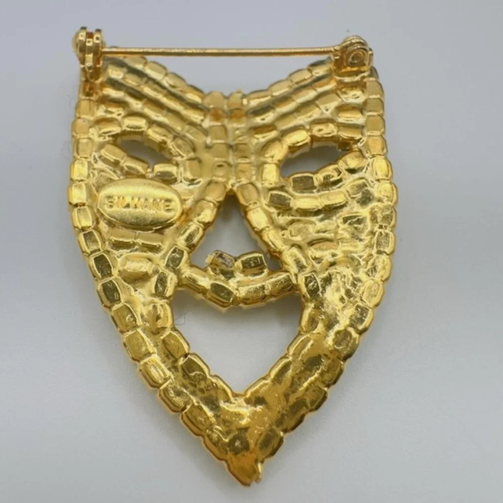 Siluane Mask Brooch Rhinestone Gold Tone Black Clear Crystal Theatrical Mask Pin